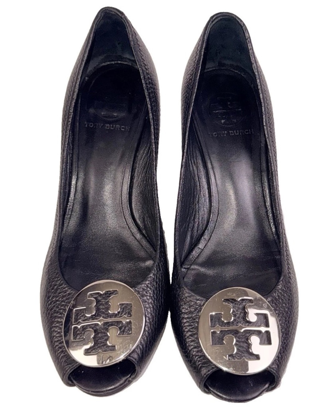 Tory Burch Peep Toe US7 Black Pebbled Leather Sally 2 Wedge Woman’s